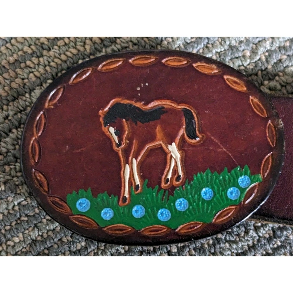 CAP Embossed & Painted Brown Leather Western Belt Horse Meadow 34" Long - Picture 2 of 8